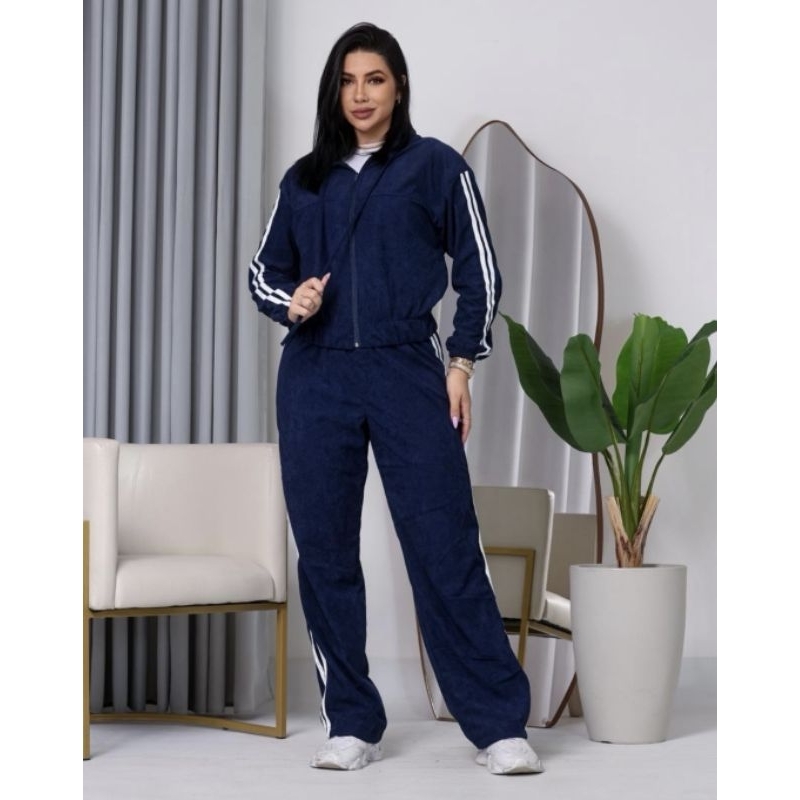 Conjunto  de Listra Blusa Crooped+ Calça  Listra Laterais Tecido Canelado Com Touca Tendencia Inverno Conjunto  de Frio