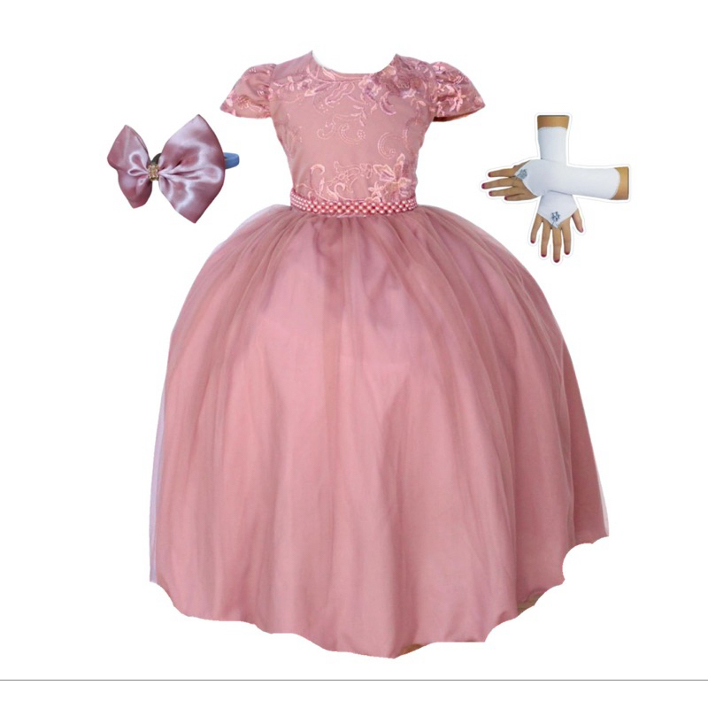 Vestido Infantil Daminha Princesa Longo Juvenil Casamento Florista Realeza Super Luxo e Tiara