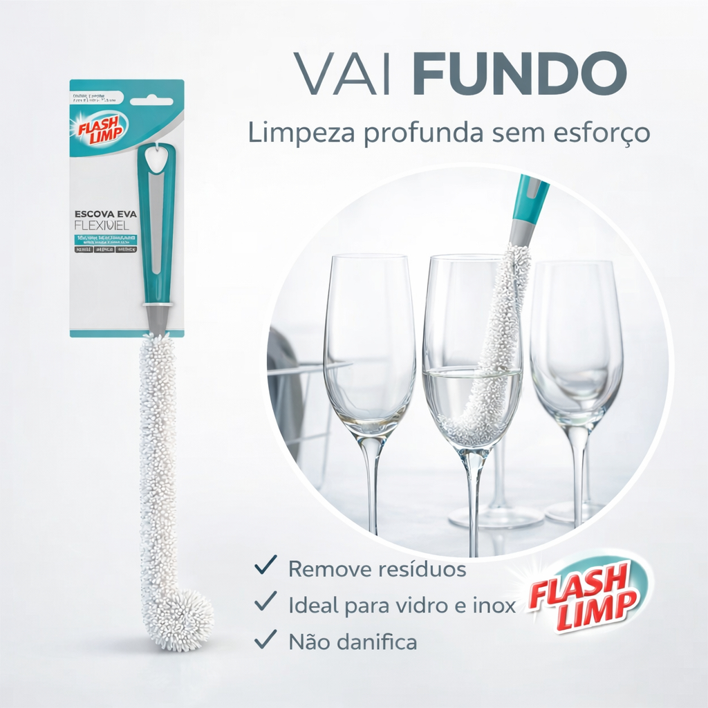 Escova Flexível de EVA para Limpeza Profunda - Flash Limp -  Limpe Copos Altos, Garrafas e Mamadeira