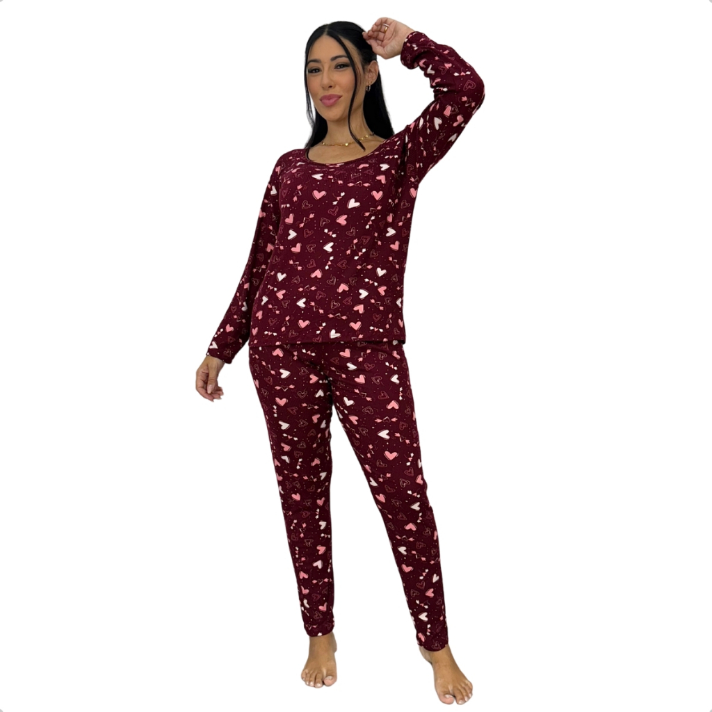 Conjunto Pijama Estampado Feminino Manga Comprida Calça Inverno Confortável Noite