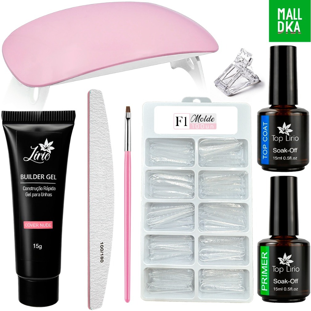 Kit Polygel(8 ITENS)Alongamento De Unha + Molde F1 + Lixa + Top Coat + Primer + Cabine Sun Mini Poligel Alongamento
