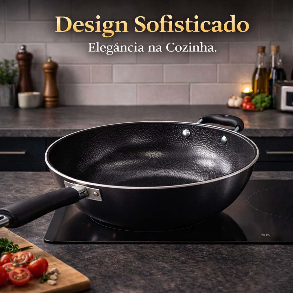 Imagem Wok 34cm Antiaderente Profissional Gastrò Elite™ Preta – Panela Grande com Distribuição Uniforme de Calor e Fácil Limpez