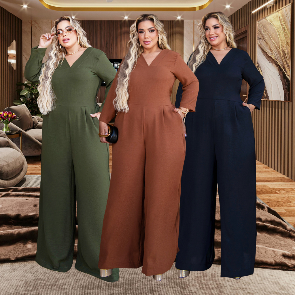Macacão Plus Size Longo Feminino Elegante Pantalona Social Com Bolso e Elástico Costas GG G1 G2 G4 G5 Moda Plus Size em Oferta na Shopee