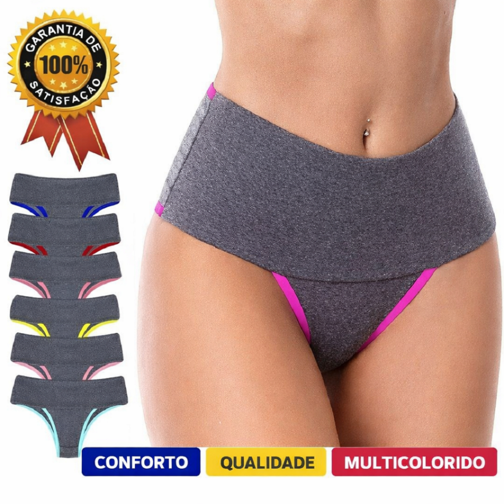 Kit 5 Calcinhas Fitness Modeladora Seca Barriga Cós Alto Duplo Lingerier Compressão