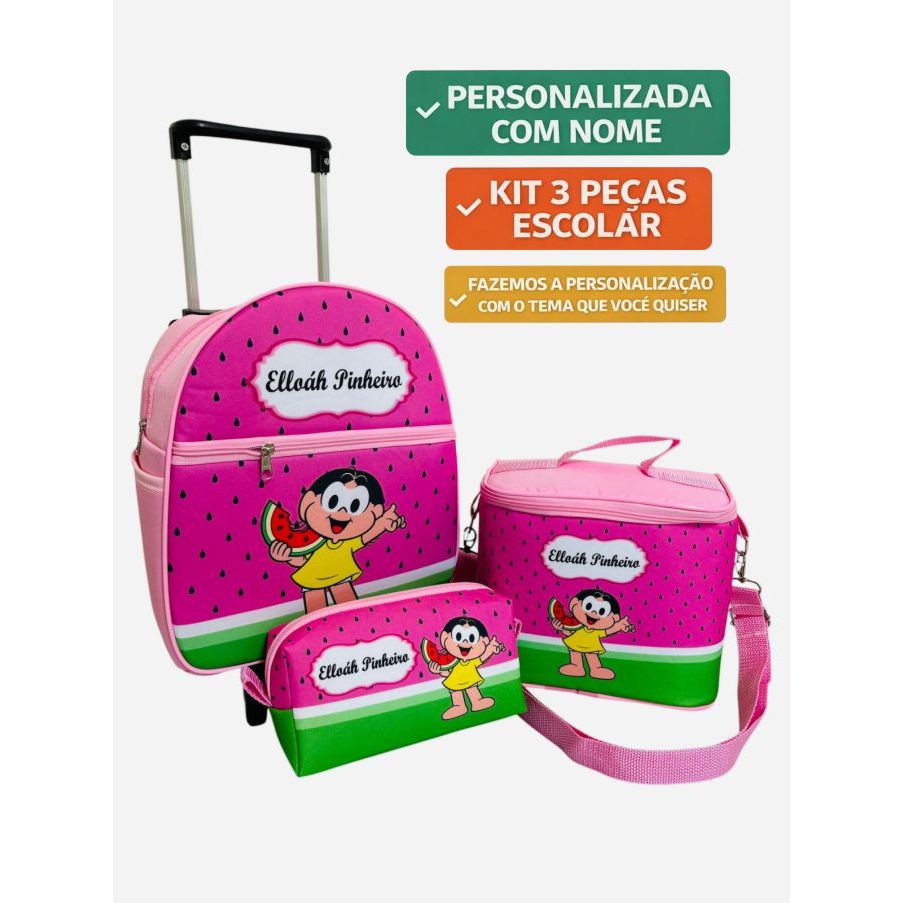Kit Mochila Magali 3 peças de rodinhas carrinho personalizado com o nome