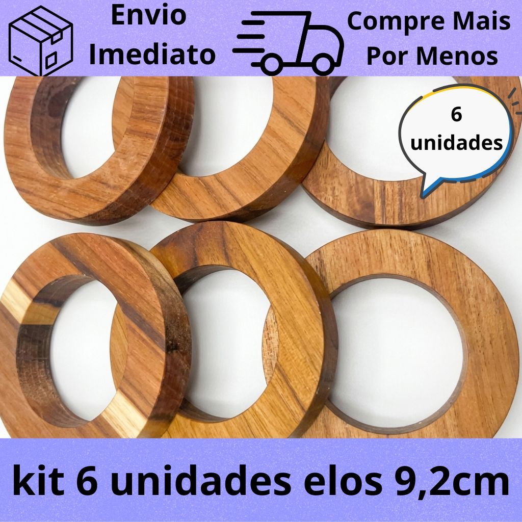 Kit 6 Argolas De Madeira Teca Luxo Para artesanatos em geral Macrame, Colar de Mesa Croche Mesa Posta