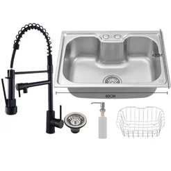 Cuba Pia Cozinha Gourmet Aço Inox 304 Luxo Prata Escovado 60x42cm + Torneiras gourmet Barra duplo