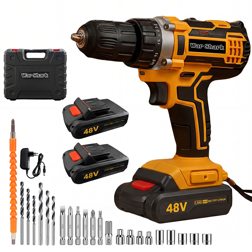 Kit 27 Parafusadeira Furadeira 48V 2 Baterias Com Maleta e Acessórios Completo War Shark