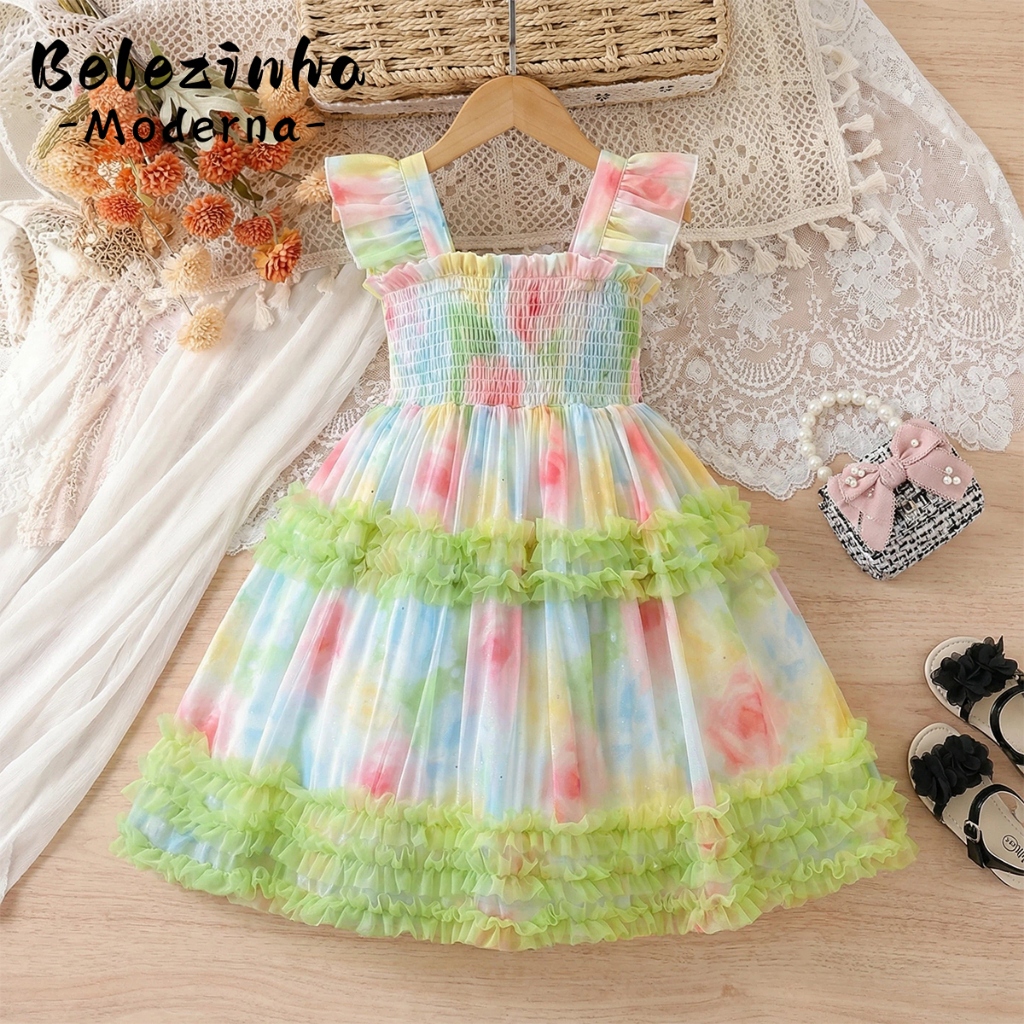 【Belezinha Moderna】Novo vestido de verão para meninas, perfeito para aniversários e festas. Macio e respirável Conforto em Oferta na Shopee