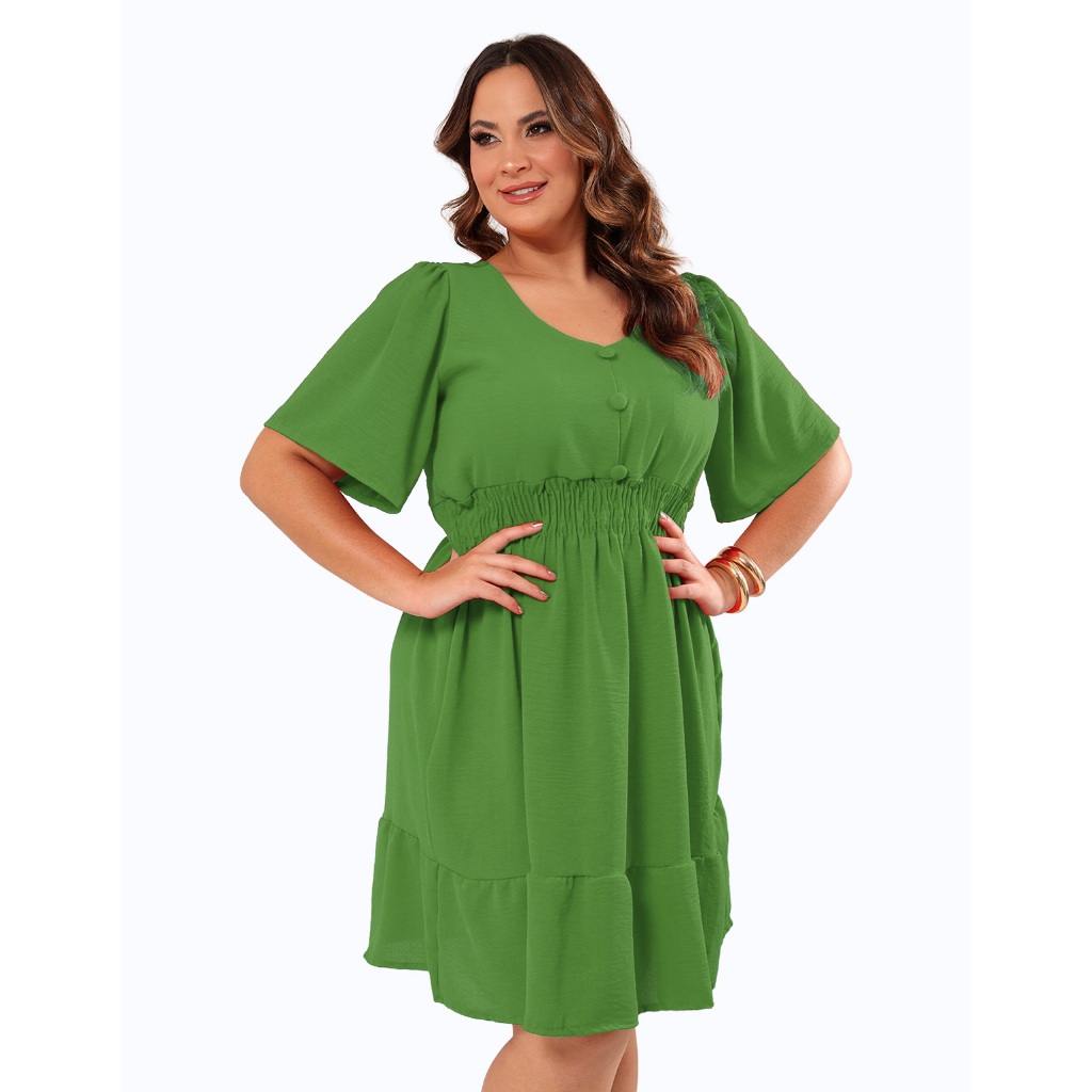 Vestido Plus Size Curto Acinturado Solto Casual Manga Festa