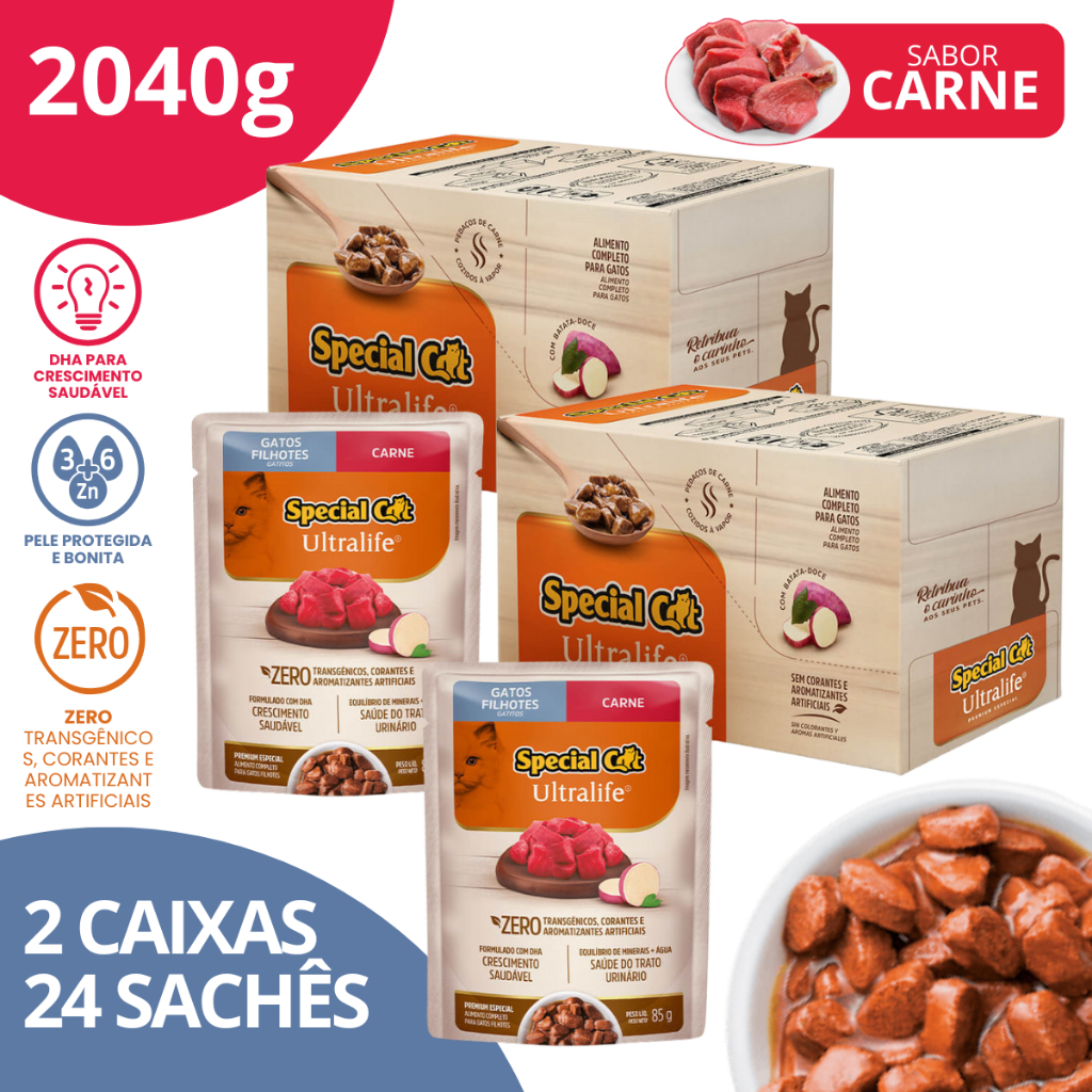 Kit 2 Caixa 12 Sachê Special Cat Ultralife Filhotes Sabor Carne - 85g em Oferta na Shopee