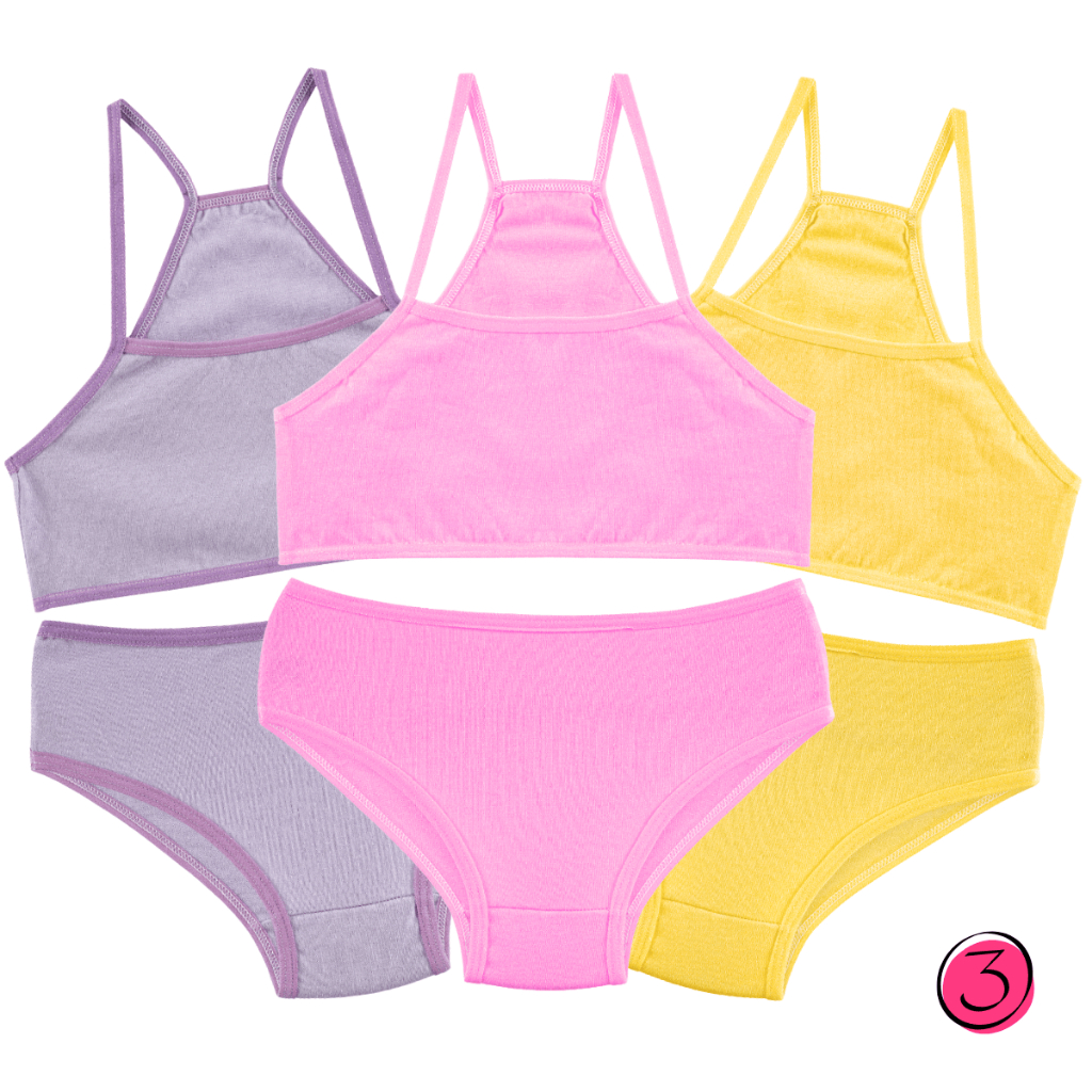 Kit 3 Conjuntos Infantis Liso ou Estampado Top Nadador e Calcinha Menina Moça Forro 100% Algodão em Oferta na Shopee