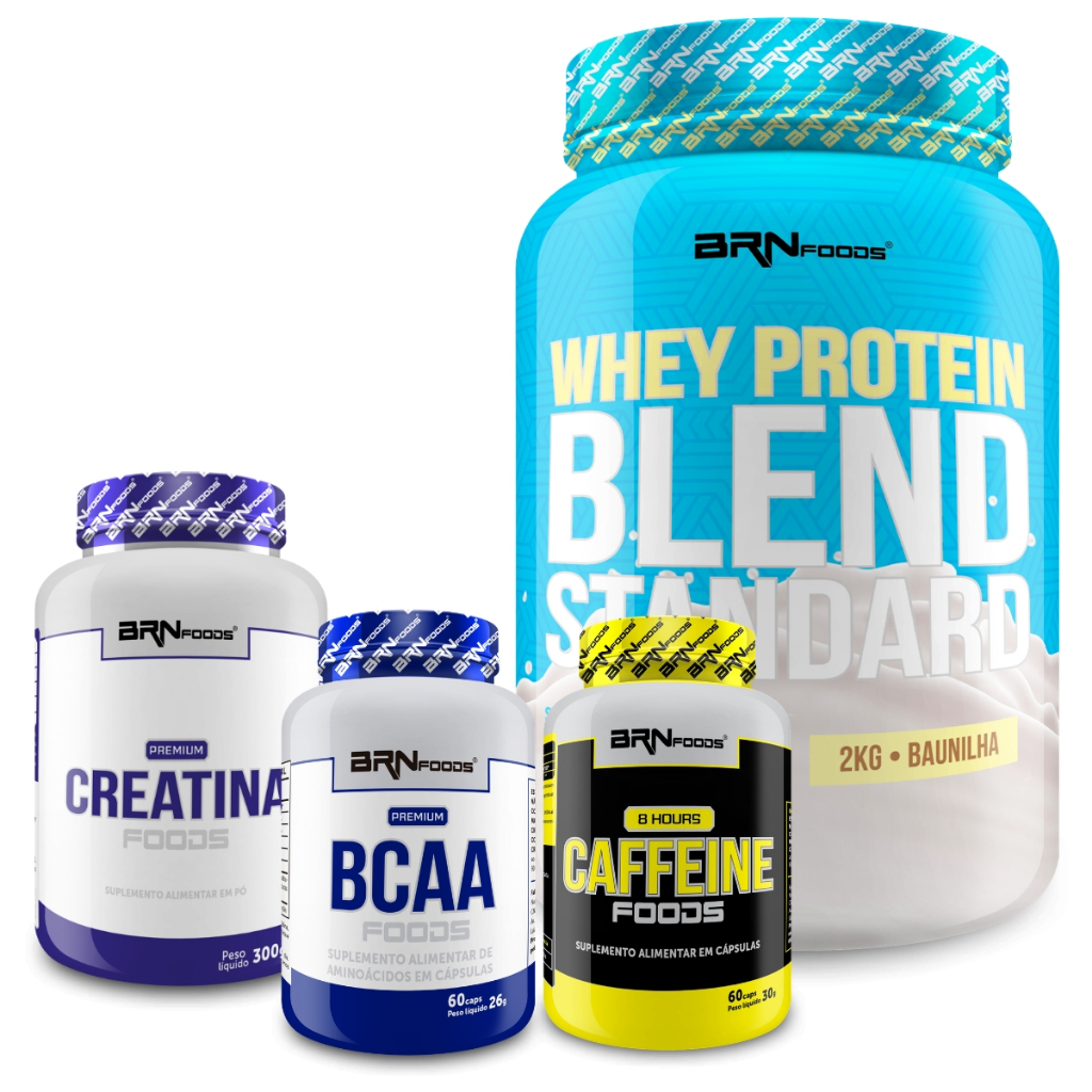 Kit 1x Whey Blend 2kg + Premium Creatina 300g +  Premium Bcaa 60 Cáps + Cafeina 8 Hours 60 cáps - BRN Foods