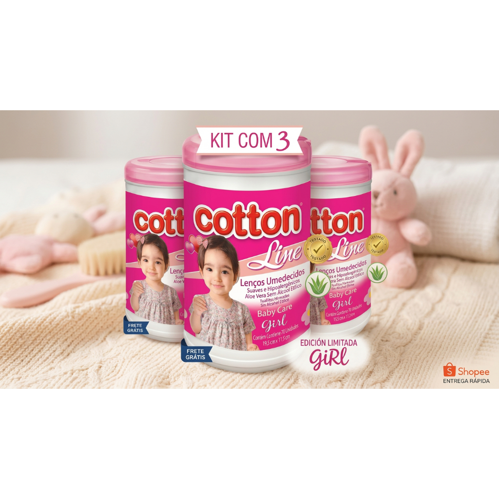 Kit 3 Lenços Umedecidos Cotton Line Baby Care 75un – Suave e Hipoalergênic