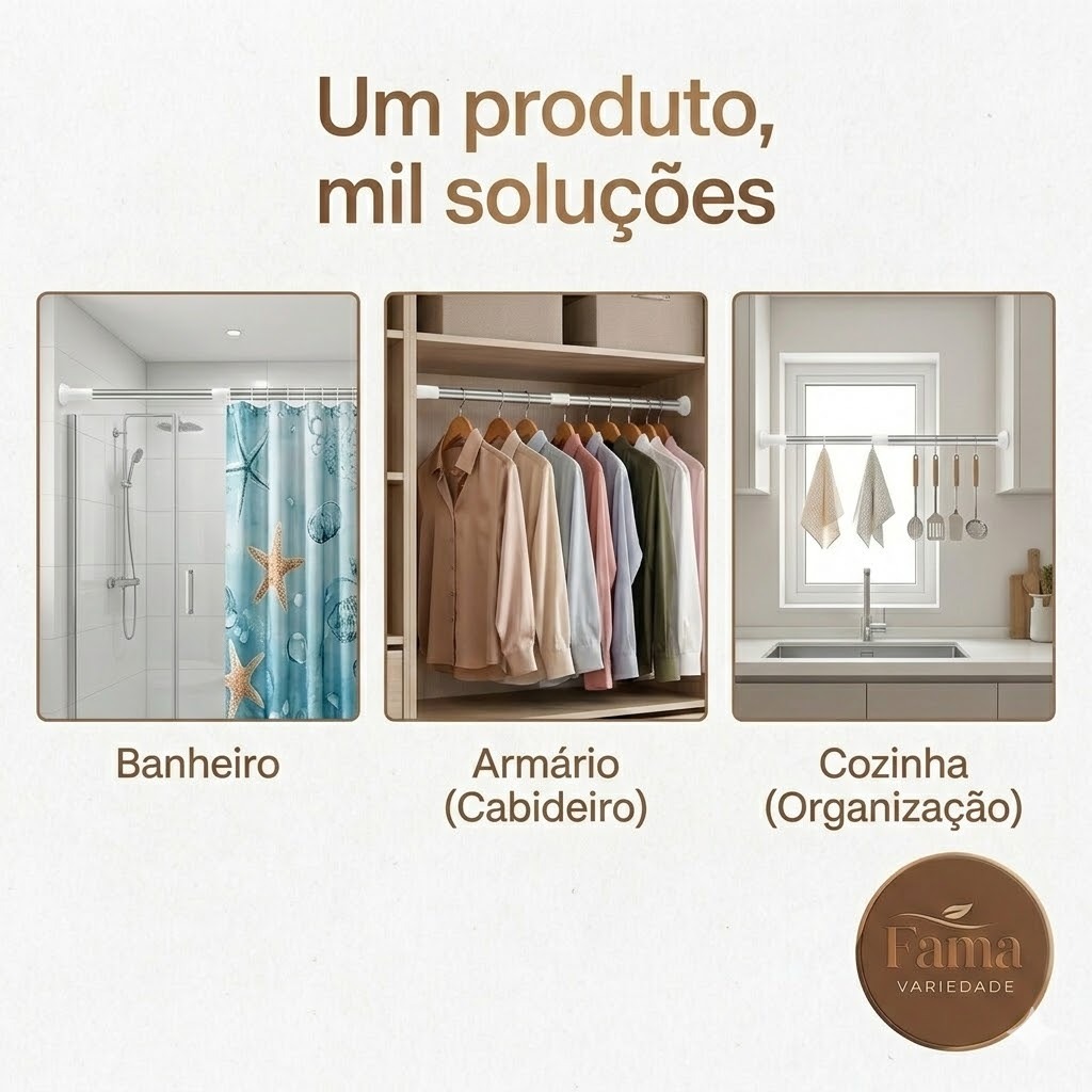 Varão Tubo Extensível Ajustável Sem Furos Cortina Box Banheiro Guarda-Roupa Multiuso — imagem 2 de 2