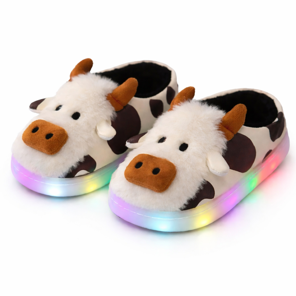 Pantufa Infantil Vaquinha Com LED Antiderrapante Confortável Inverno VA-608