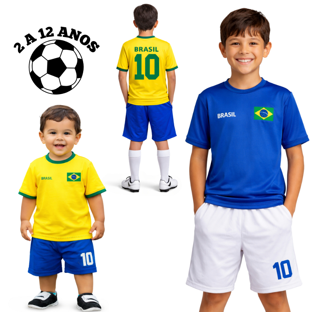 Conjunto Infantil do Brasil – Camiseta + Bermuda Uniforme 2 a 12 Anos