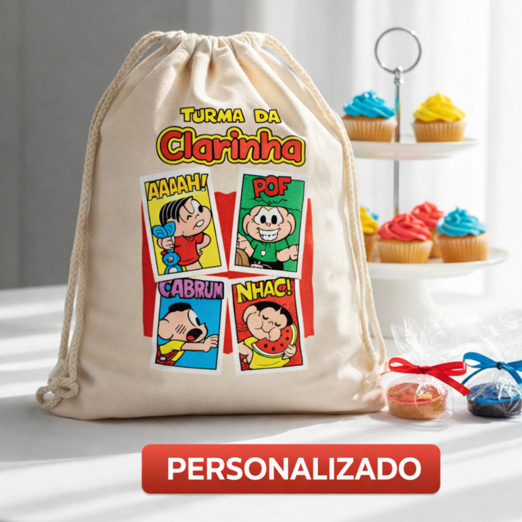 Saquinho Lembrancinha Festa Infantil Personalizado Turma da Mônica Saquinho Algodão Cru Aniversário