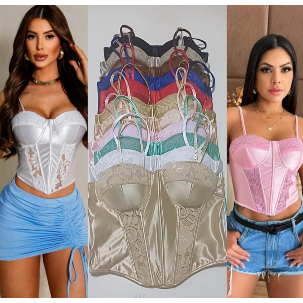 Corpete Renda Cetim Decote Coração Espartilho Alças Finas Festa Elegante,CORSELET ACETINADO COM BOJO