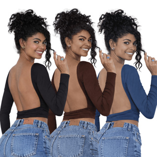 KIT 03 - Blusa com Parte de Trás Aberta e Mangas Compridas - Blusa de Manga Longa Com as Costas Abertas em Oferta na Shopee