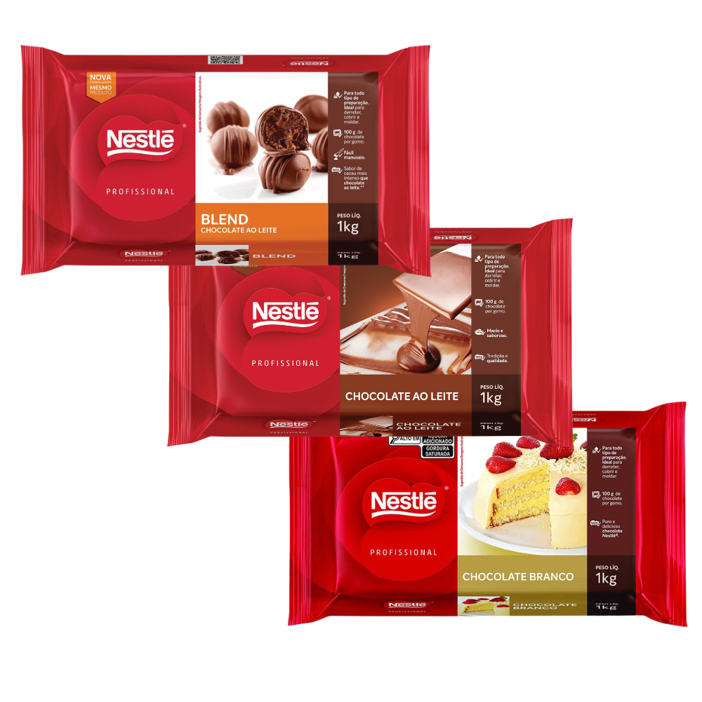 Barra de Chocolate Nestlé Professional 1kg – Ao Leite, Branco, Blend ou Meio Amargo em Oferta na Shopee