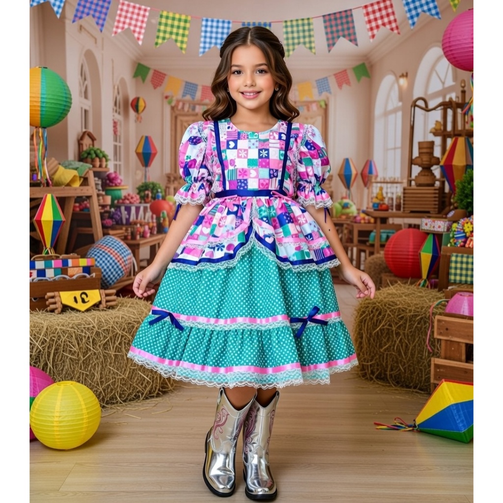 Vestido Junino Menina Infantil Bella Celebração Caipira Verde Tiffany