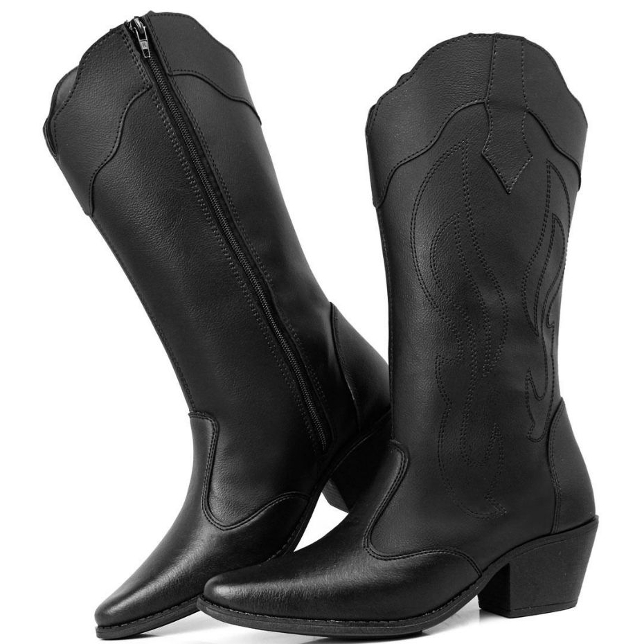 Bota Feminina Cano Médio Texana Inverno Bico Fino Com Zíper Lateral