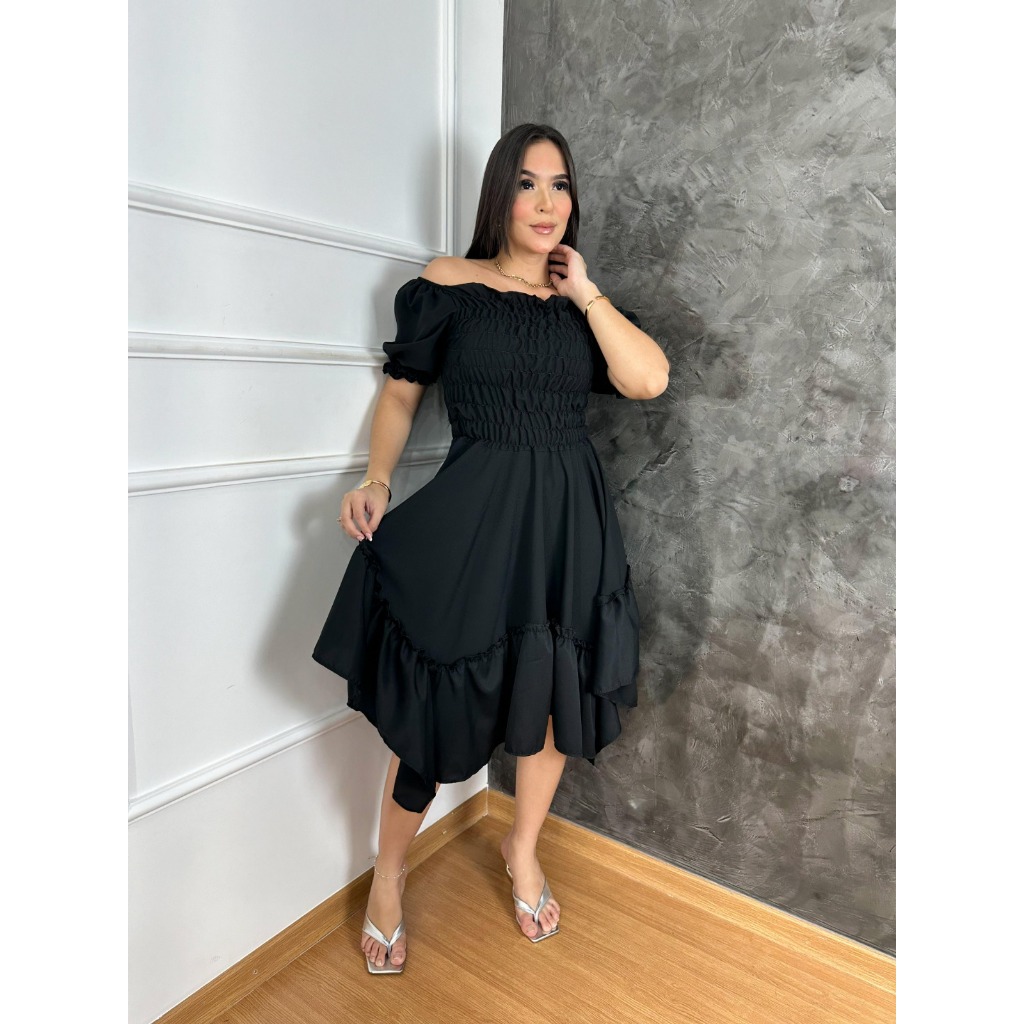 Vestido feminino midi luxo lastex moda evangélica com manga Bufante - REF 108