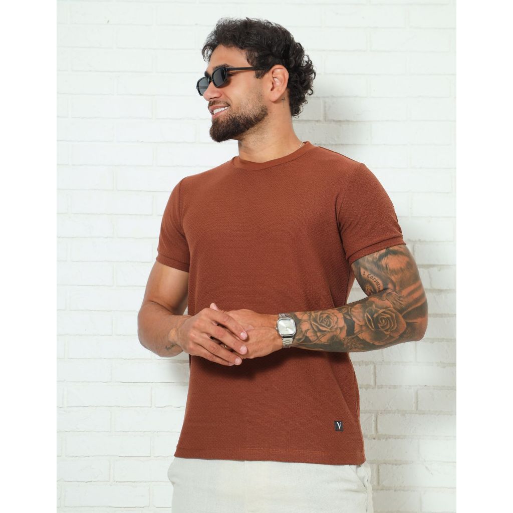 Camisa Masculina Trico Texturizado Algodão Confortável Com Gola Ribana Modelagem Perfeita