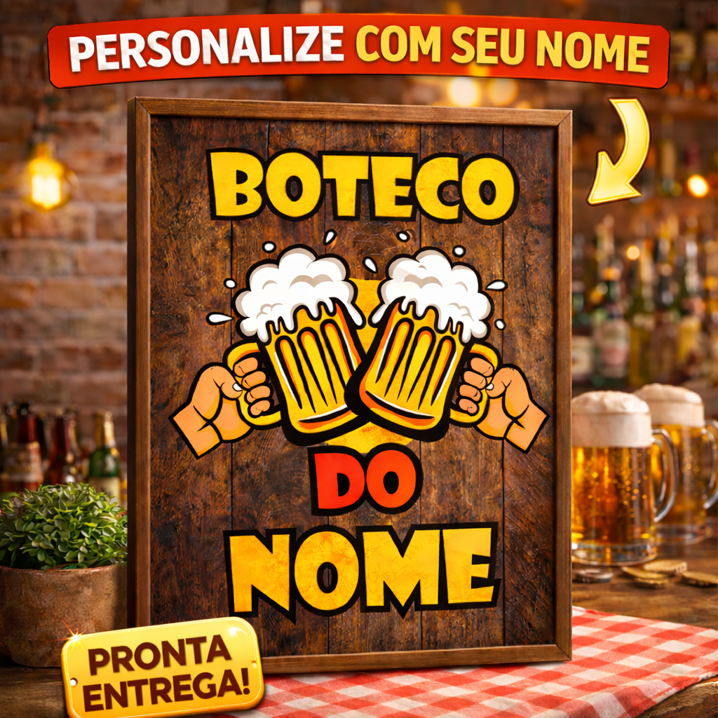 Quadro Boteco com Nome Personalizado Presente Ideal para Área Gourmet Churrasco e Bar Moldura Madeira
