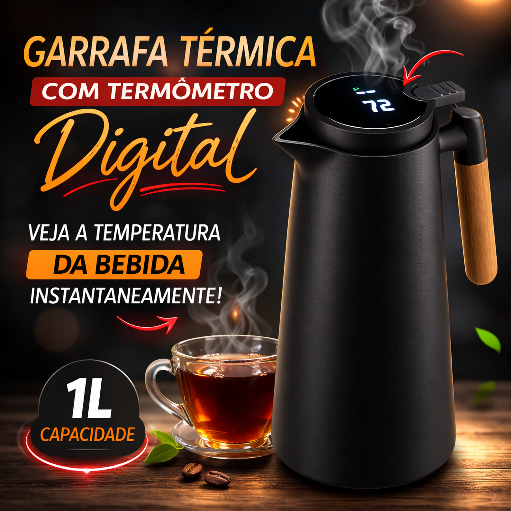 Garrafa Térmica 1L Termômetro LED Digital Design Moderno Quente Frio Chá Café Cabo Madeira Preta
