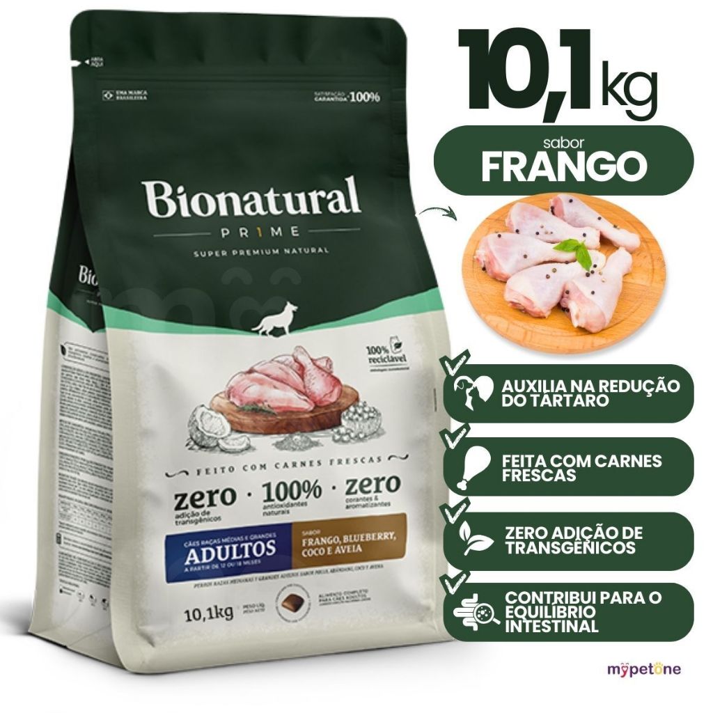 Ração Bionatural Prime Cães Adultos Raças Médias e Grandes sabor Frango 10,1kg em Oferta na Shopee