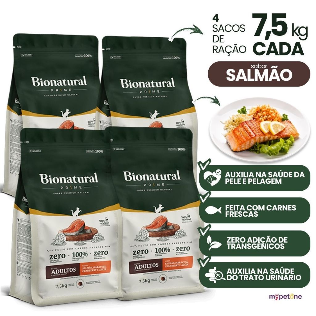 4 Ração Bionatural Prime Gatos Adultos Salmão 7,5kg Premium Nutrição Completa