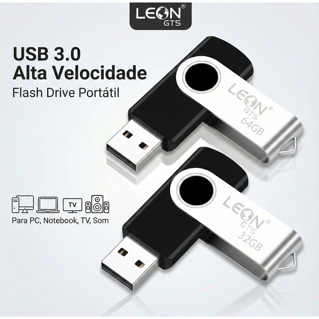 Leon GTS Pendrive USB 3.0 32GB 64GB Giratório Alta Velocidade Para PC Notebook Preto LO-P32 LO-P64 em Oferta na Shopee