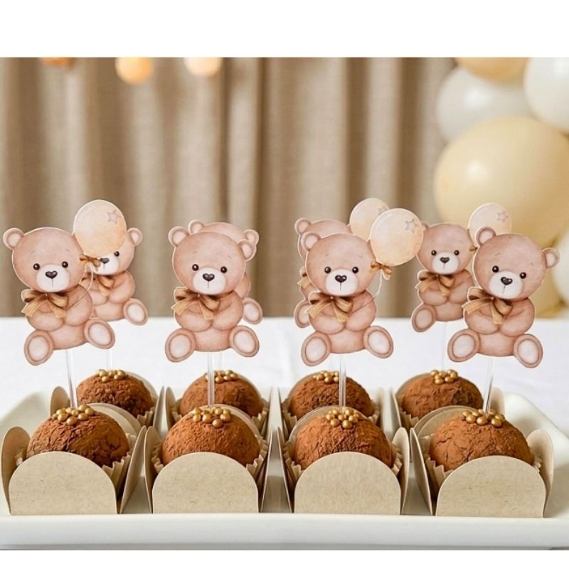 30 Toppers Ursinho Neutro para Docinhos Brigadeiro Chá de Bebê Festa Infantil Decoração Ursinho Baloeiro Topper Doce