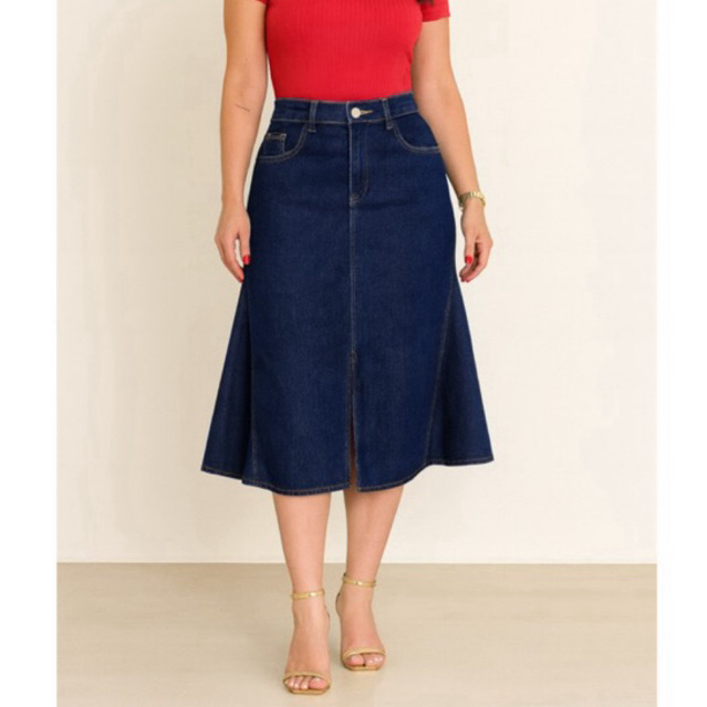 Saia Jeans Midi Feminina Evasê Evangelica Modesta Cintura Alta Fenda Bolsos Traseiros Jeans Premium Flaire Moda Gospel em Oferta na Shopee