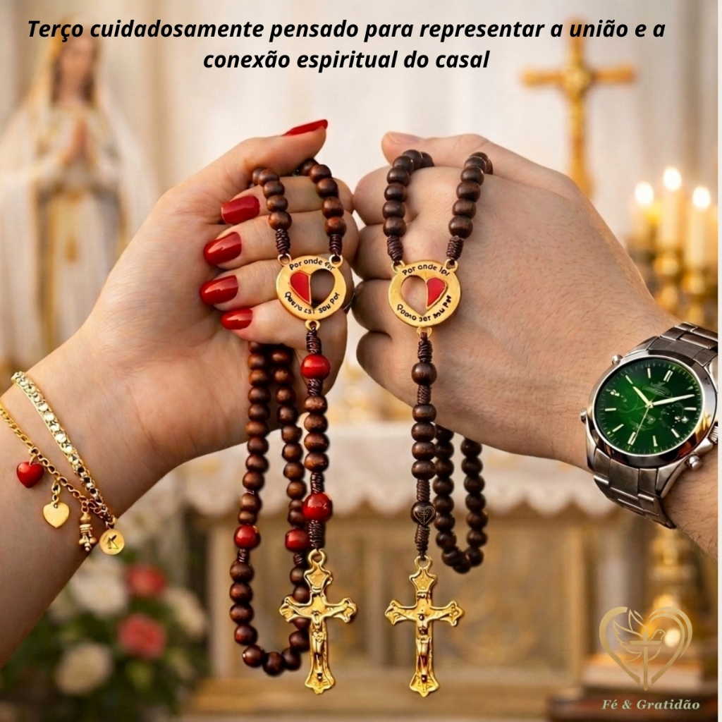 Terço Casal Católico  Madeira, entremeio formato Coração Cruz metal "Por Onde For Quero Ser Seu Par"