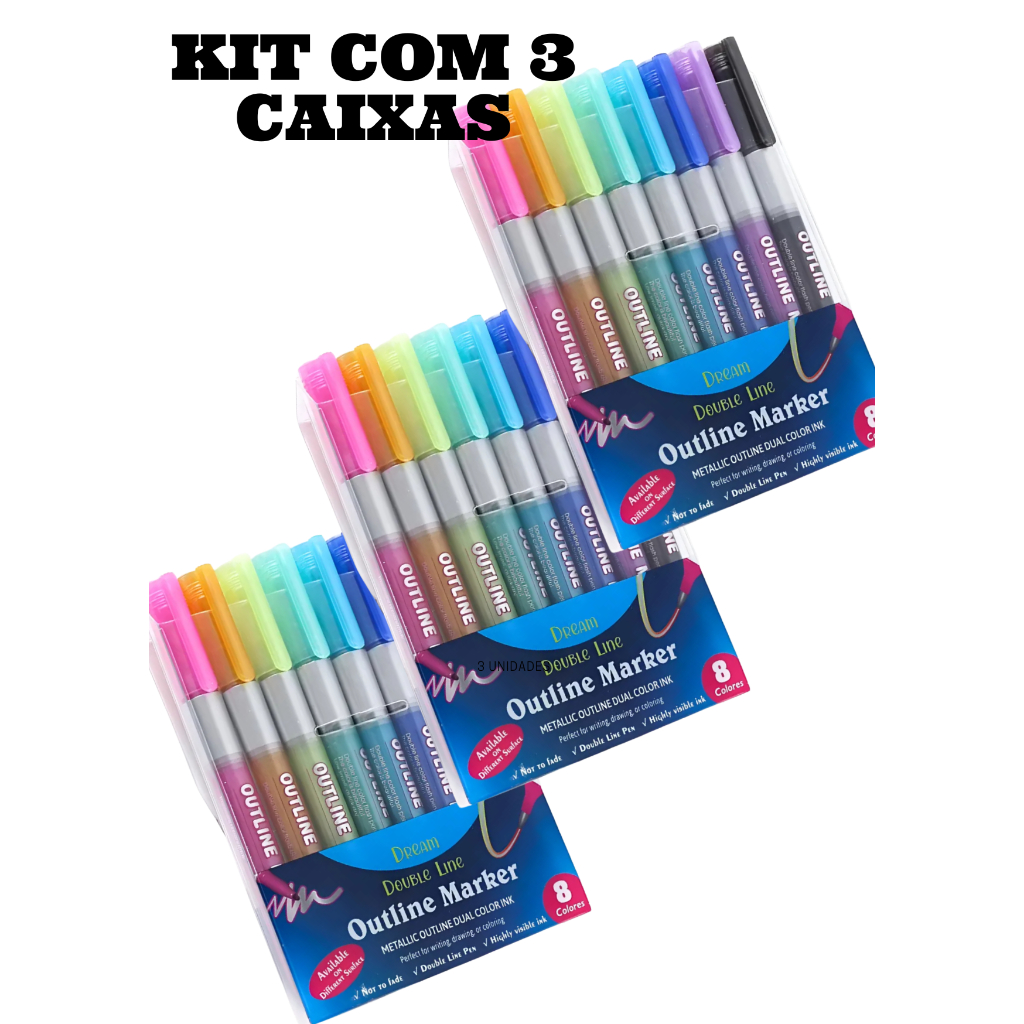 Estojo com 8 Canetinhas - Kit 3 - Kit 2 - Kit 1 - Contorno Metalizado Linha Dupla  8 Cores para colorir Bob Goodies em Oferta na Shopee