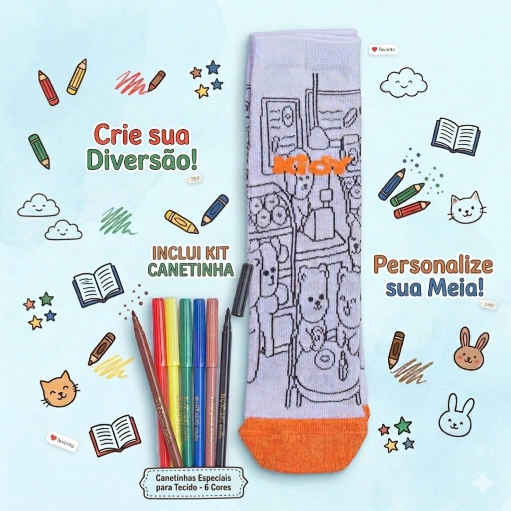 Kit Meia Infantil Duck Goods com Canetinha Brinde Divertido Criativo Confortável para Crianças