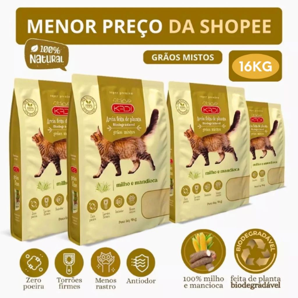 Areia Biodegradável Kadi Grãos Mistos Gatos 16 KG Grão Misto Gato Milho Mandioca