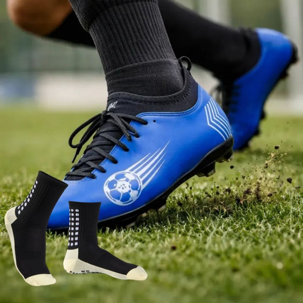 Chuteira Meia Futebol Campo Masculina + Meia Anti Derrapante Resistente Jogo Treino Performance