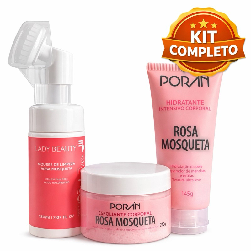 Kit Rosa Mosqueta Spa Completo 3 Passos – Limpeza Profunda + Esfoliação + Hidratação Intensiva