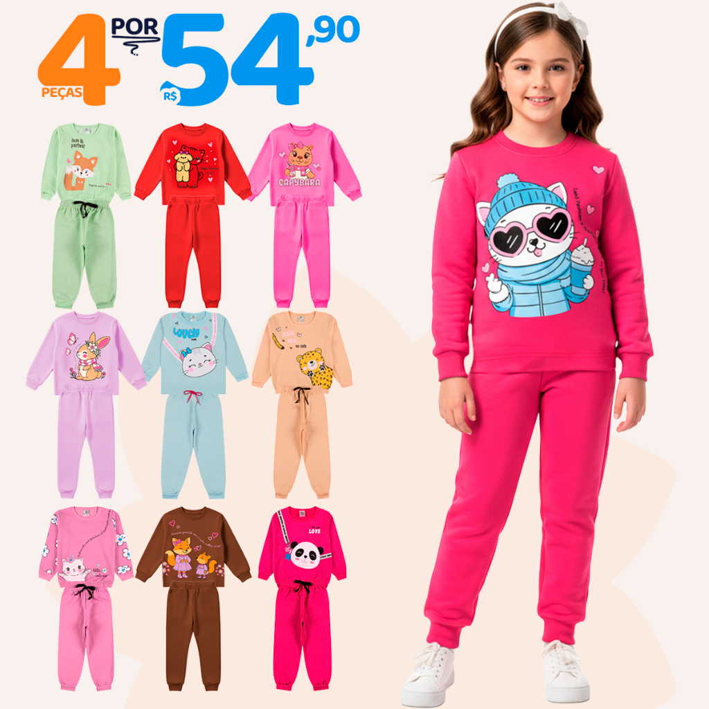 Kit Sortido 4 Peças de Roupas Feminino Infantil Inverno – 2 blusas casacos + 2 calças de 1 ao 10