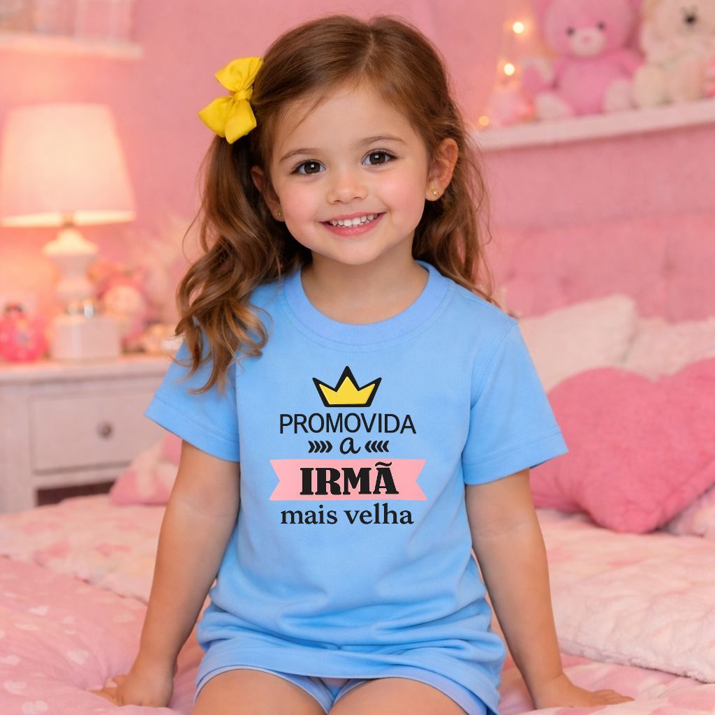 Camiseta Infantil Menina em Algodão Premium Promovido a Irmã Mais Velha