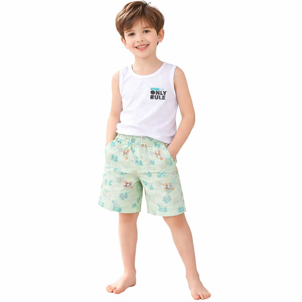 Conjunto Infantil Masculino Rovitex Verão Regata Branca 100/% Algodão + Short Estampado Tactel 100/% Poliéster
