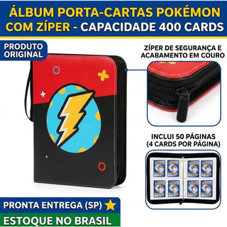 Álbum de Cartas Pokémon Couro com Zíper - Porta Cards 400 Fotos 50 Páginas - Pronta Entrega Brasil