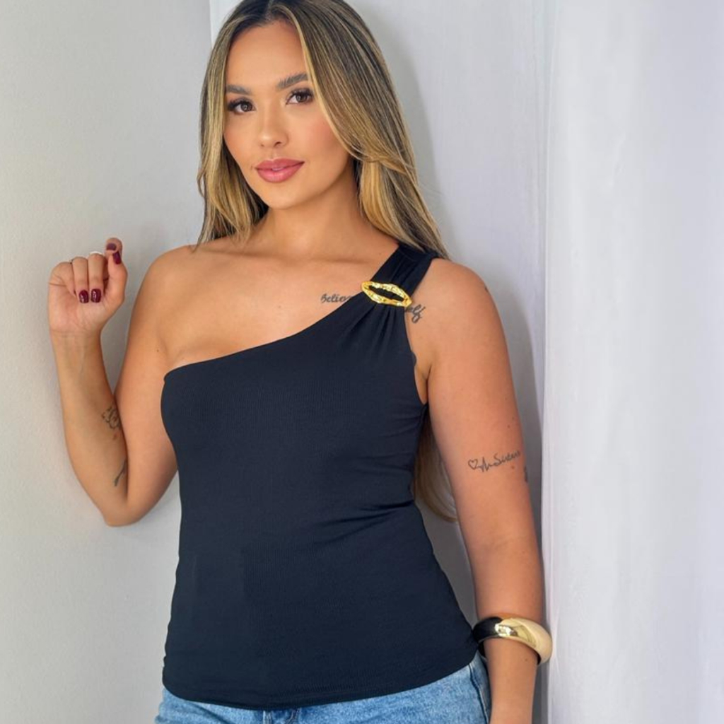 Blusinha Feminina Nula Manga Blusa Cropped Canelada Casual Fivela