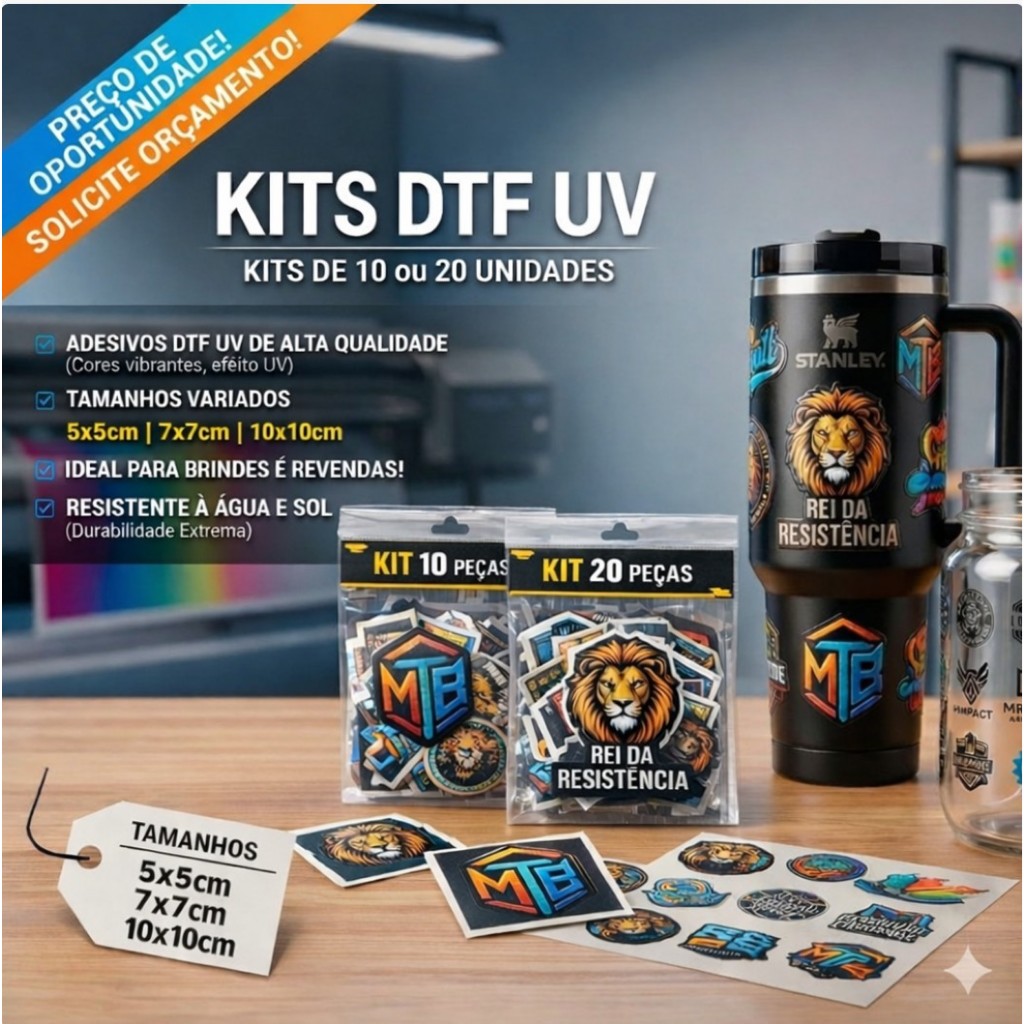 KITS ADESIVOS DTF UV DE 10,15 OU 20 Personalizado Aplique para Copos,Canecas,Vidro,Acrílico Plástico
