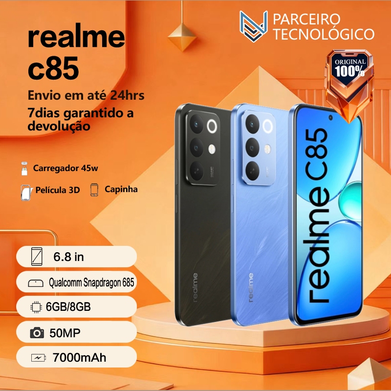 Realme C85 4G, Tela LCD 6.8", Bateria 7000mAh, Câmera 50MP, Versão Global Original