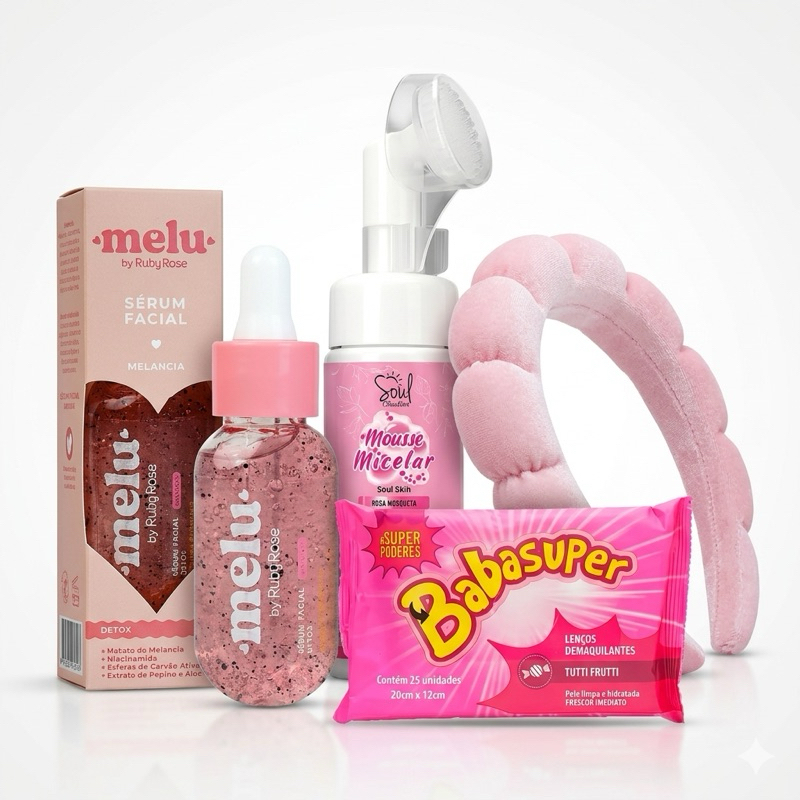 Kit Skincare Infantil Menina Melu Ruby Rose + Tiara Nuvem + Limpeza Facial Presente